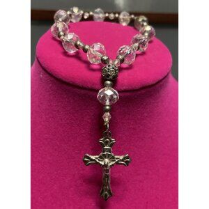 Vintage Clear Crystal & Silver Beaded Rosary Crucifix Stretch Bracelet Goth Emo
